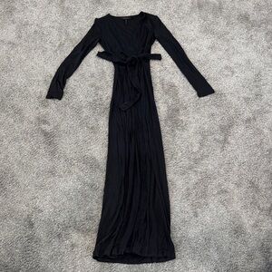 BCBGMaxAzria Black Long Sleeve Wrap Maxi Dress with Waist Tie